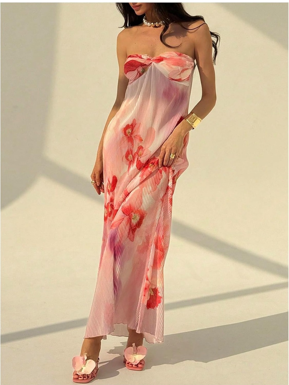 Strapless Floral Maxi Dress in Blush & Coral